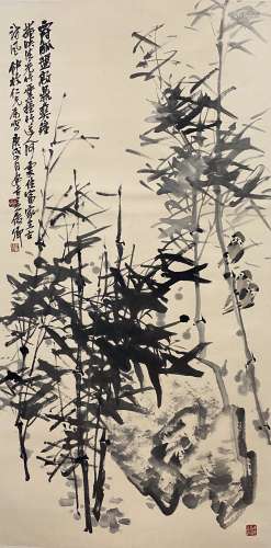 Ink Bamboo and Double Sparrows, Scroll, Wu Changshuo