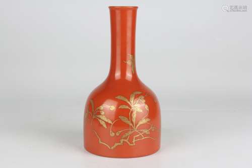 Floral Design Zun with Gold-traced Design in Coral Red Glaze...