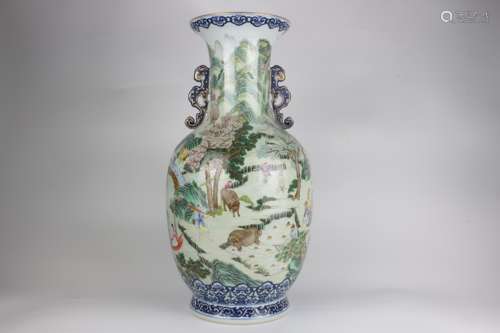 Large Double-ear Vase with Famille Rose Design and Peacetime...