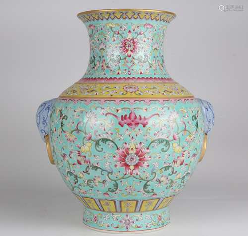 Famille-rose Double-ear Vase with Turquoise Glaze and Floral...