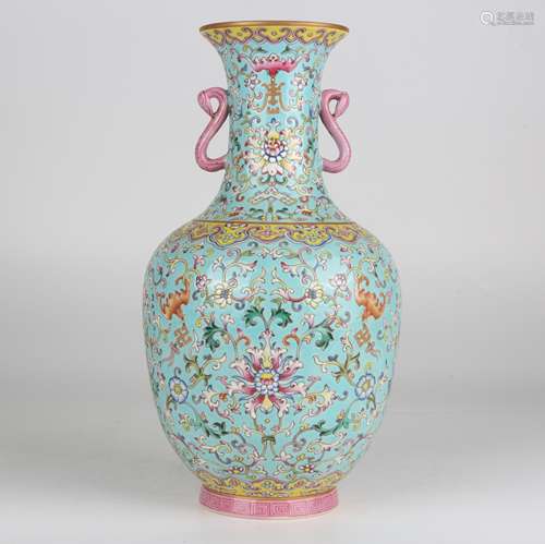 Famille-rose Double-ear Vase with Gold-traced Design and Flo...