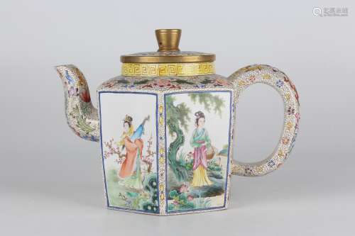 Chinese Zi-sha Pot with Figures of Four Beauties in Enamels,...