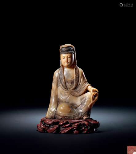 明末 寿山芙蓉石雕自在观音坐像