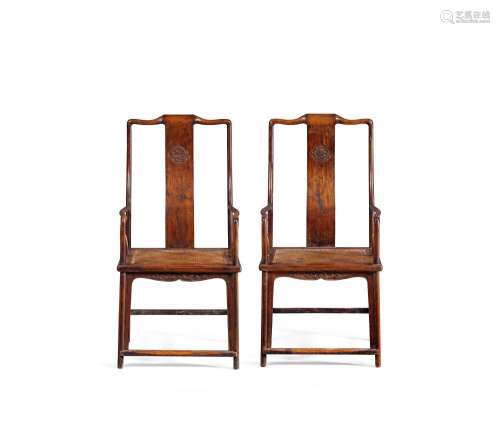 17-18 世纪 黄花梨高靠背团龙纹官帽椅「一对」