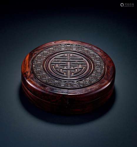 清中期 红木雕寿字纹铜镜盒