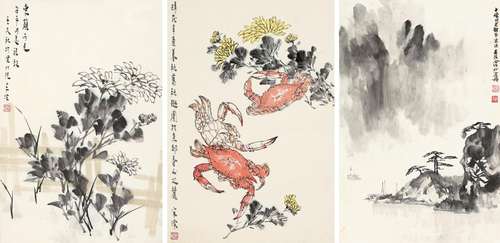 宋涤（b.1945）崔森茂（b.1943）东篱菊花、秋趣图、松山渡舟 镜心 纸本