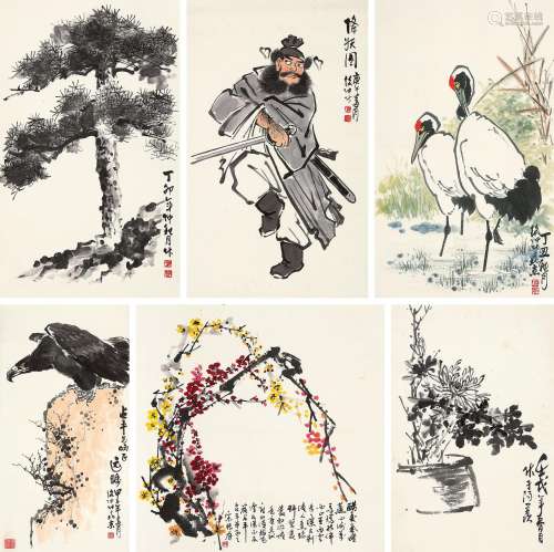 韩绍仲宋振庭（1921～1985）佚名松树、降伏图、双鹤图、远瞩图、梅花、墨...