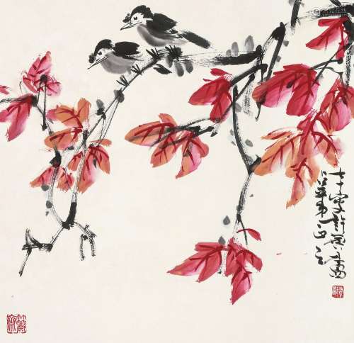 许麟庐（1916～2011）1986年作 红叶小鸟 镜心 设色纸本