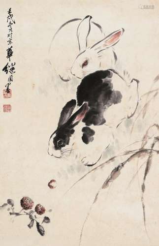 刘继卣（1918～1983）1982年作 双兔食荔图 镜心 设色纸本