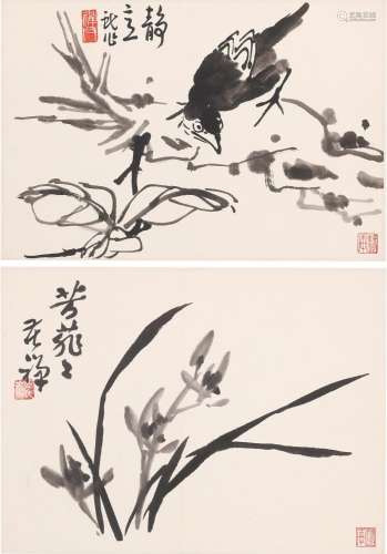 李苦禅（1899～1983）八哥、兰花 镜心 水墨纸本