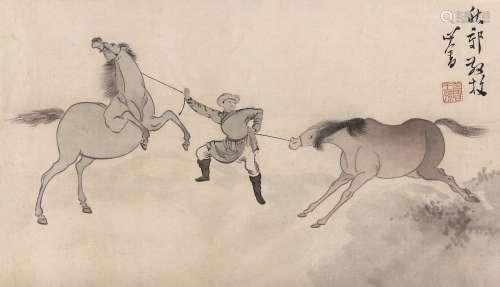 溥儒（1896～1963）秋郊散牧 镜框 设色绢本