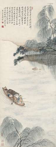 溥儒（1896～1963）溪烟钓艇图 立轴 设色纸本
