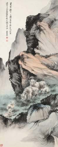 张善孖（1882～1940）五羊图 立轴 设色纸本