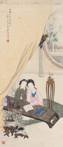 石延陵（1910～1973）1940年作 双美夜读图 立轴 设色纸本