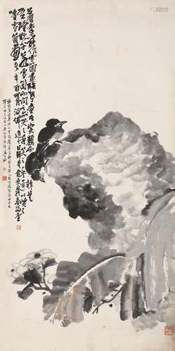 俞原（1874～1922）芭蕉小鸟 镜心 水墨纸本