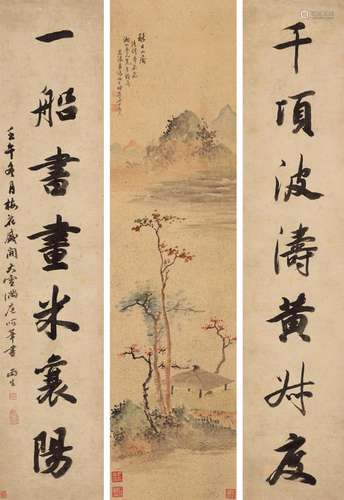 汤贻汾（1778～1853）山水对联 立轴 设色纸本、水墨纸本