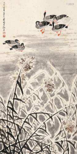 吴青霞（1910～2008）1989年作 芦花鸭 立轴 设色纸本