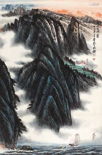 岑学恭（1917～2009）风帆出峡图 立轴 设色纸本