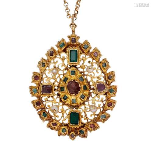 Large pendant in gold and gemstones, 18th century.