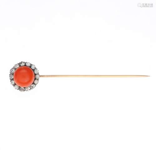 Coral and diamonds tie needle, late 19th Century.