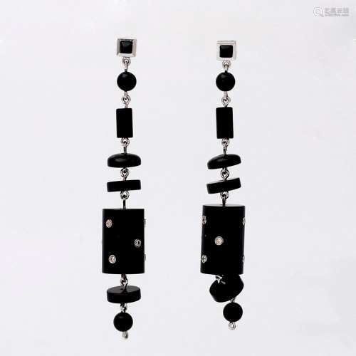 Art Deco style diamonds and onyx long earrings.