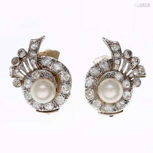 Pearls and diamonds earrings, mid 20th Century.