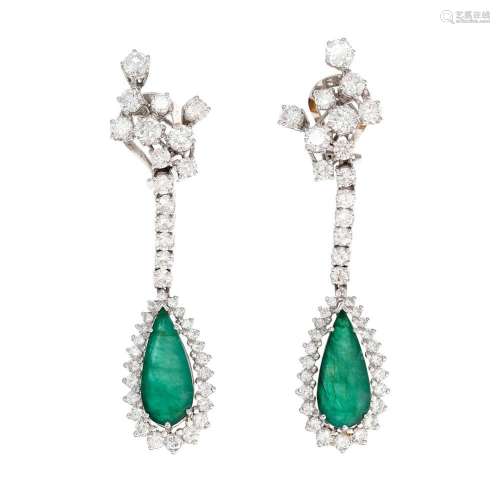 Long emerald and diamond earrings, circa 1950.