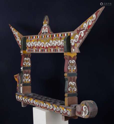 Tibetan support in carved, engraved and painted wood, 20th C...