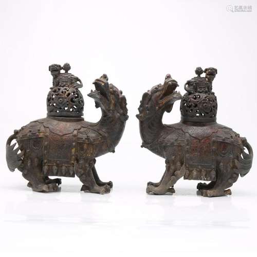 Pair of Chinese censers in the shape of "Foo lions"...