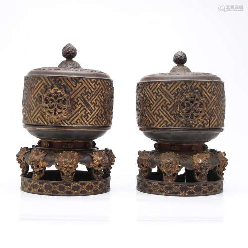 Pair of Vietnamese offering boxes in carved and lacquered wo...