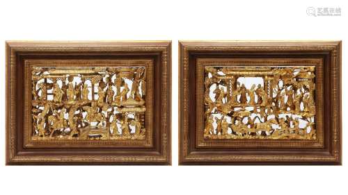 "Theatre scenes", pair of Chinese panels in carved...