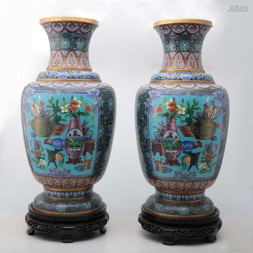 Pair of large Chinese vases in "cloissoné" enamele...