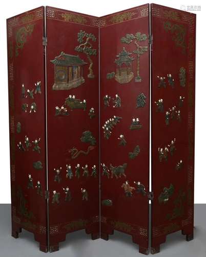 Chinese four-leaf folding screen in lacquered wood with ivor...