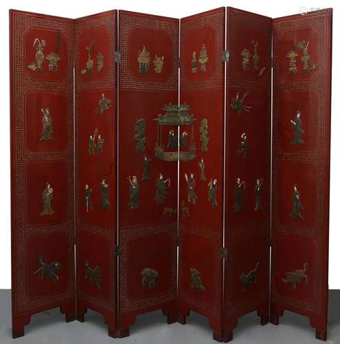 Chinese six-leaf folding screen in lacquered wood with ivory...