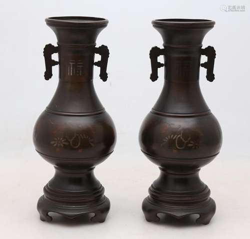 Pair of Chinese vases in patinated, niello and polychrome br...