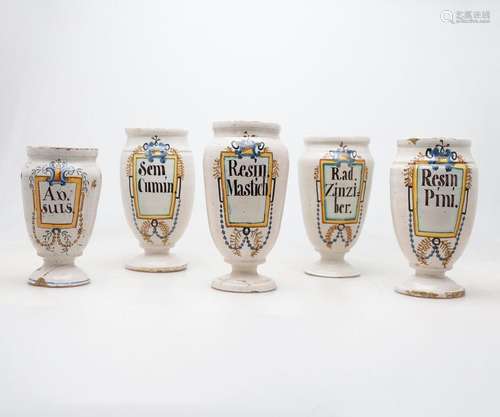 Set of five Catalan pharmacy jars in "Banyoles" ea...