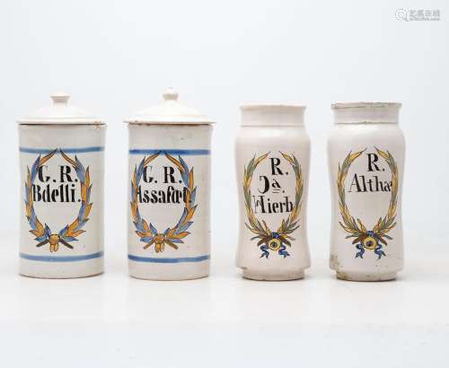 Four Catalan pharmacy jars in "Banyoles" earthenwa...