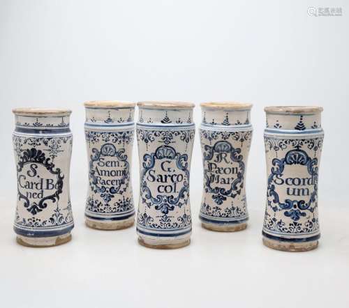 Five Catalan pharmacy jars in "French-influence" e...