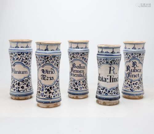 Five Catalan pharmacy jars in "French influence" e...
