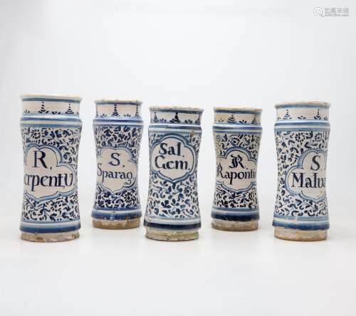 Five Catalan pharmacy jars in "French influence" e...