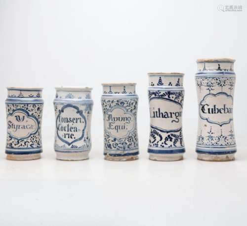 Six Catalan pharmacy jars in "French-influence" ea...
