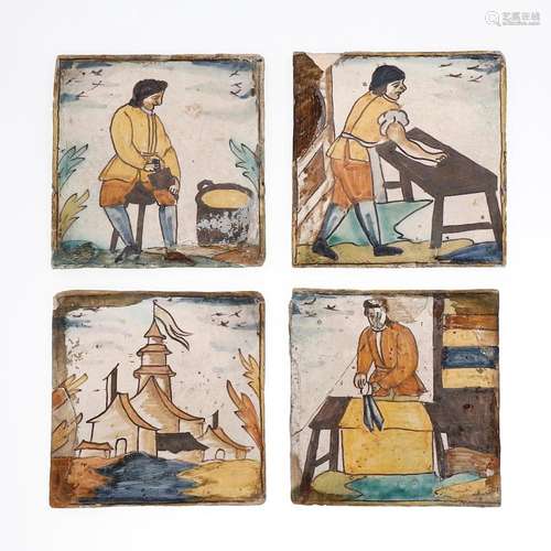 Four Catalan "de oficis" tiles, 18th Century.