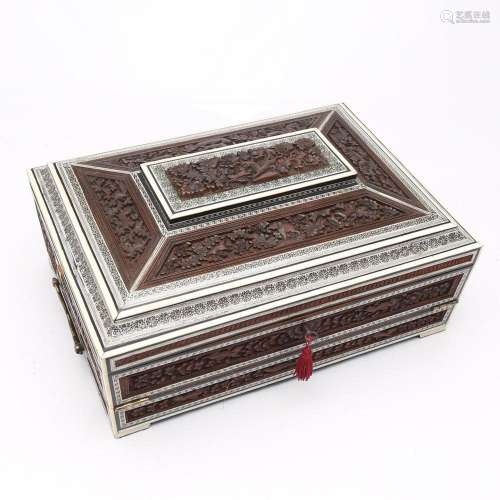 Anglo-Indian sewing box in carved sandalwood and polychrome ...