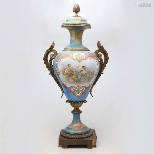 Large Sèvres-style porcelain vase with gilt bronze mount, la...