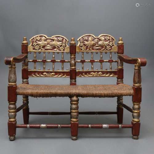 Majorcan-like 18th Century-style settee in turned, polychrom...