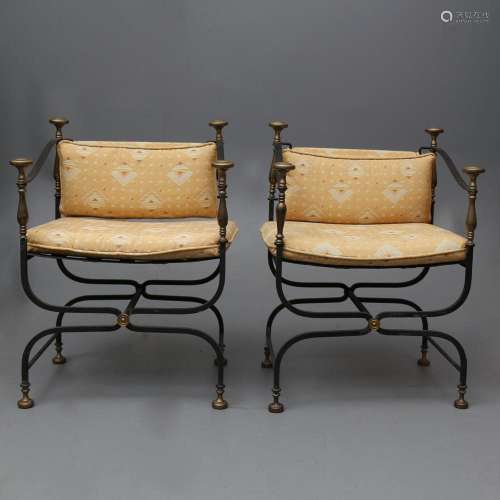 Pair of curul chairs, probably French, in lacquered iron and...