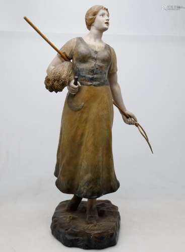 "Girl with a pitchfork and crops", terracotta scul...