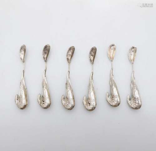 Set of six seafood spoons with silver prawn and mussel finis...