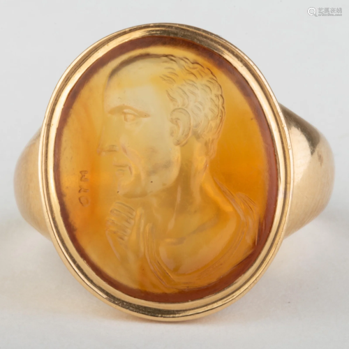 Agate Intaglio Portrait of an Old Man Set in a Gold