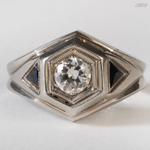 18k White Gold, Diamond, and Synthetic Sapphire Ring